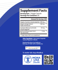 Supplement facts label with Mona Lisa Health branding on a blue background