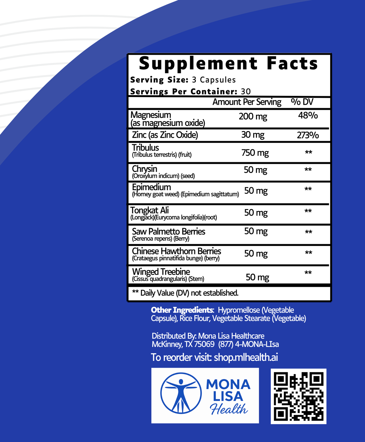 Supplement facts label on a blue background with Mona Lisa Health branding.