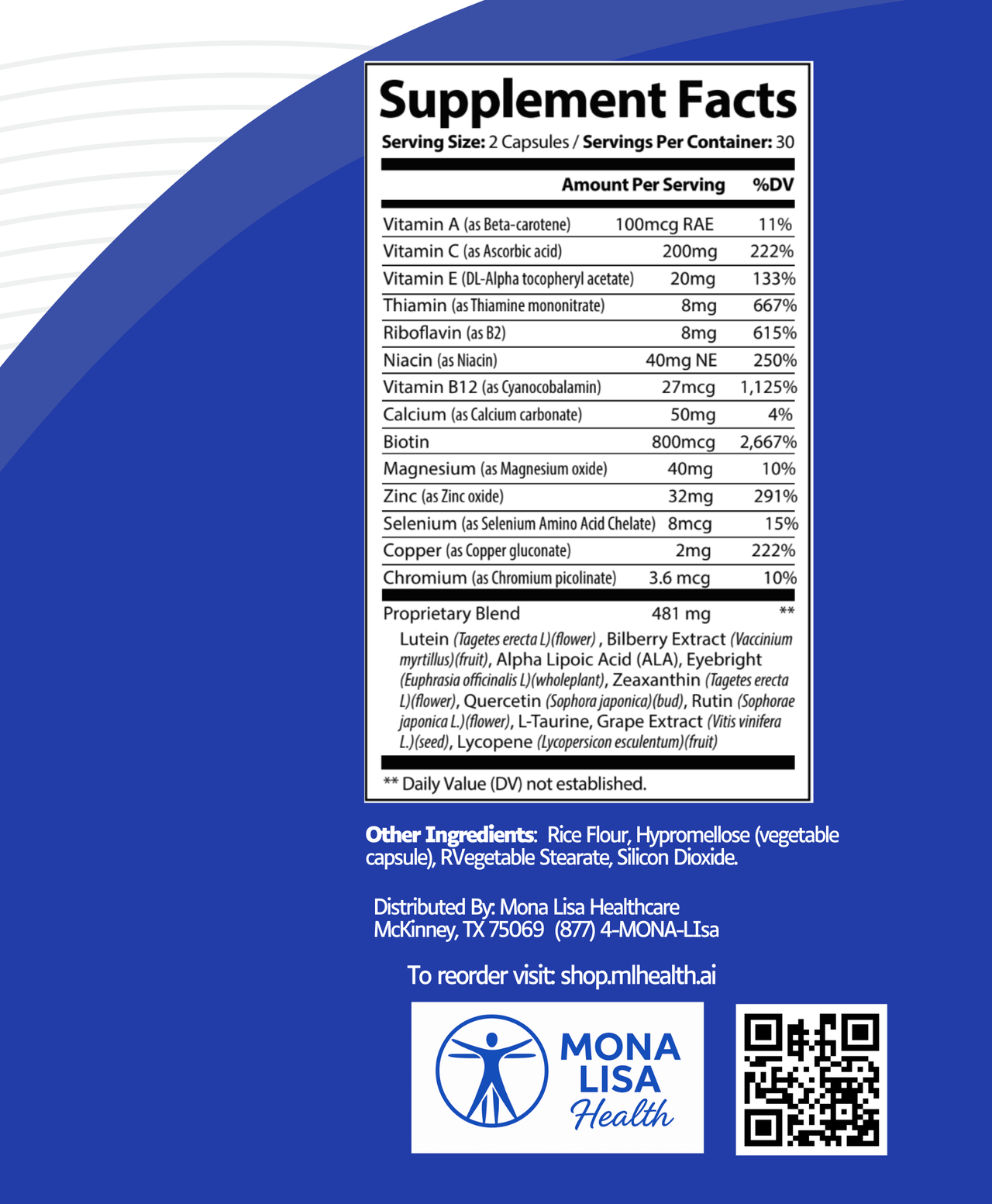 Supplement facts label with Mona Lisa Health branding on a blue background