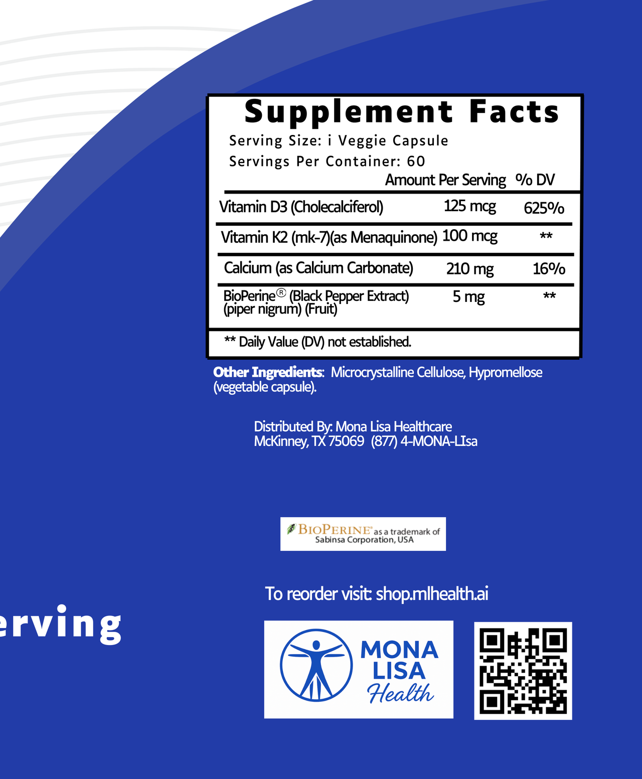 Supplement facts label on a blue background with Mona Lisa Health branding.